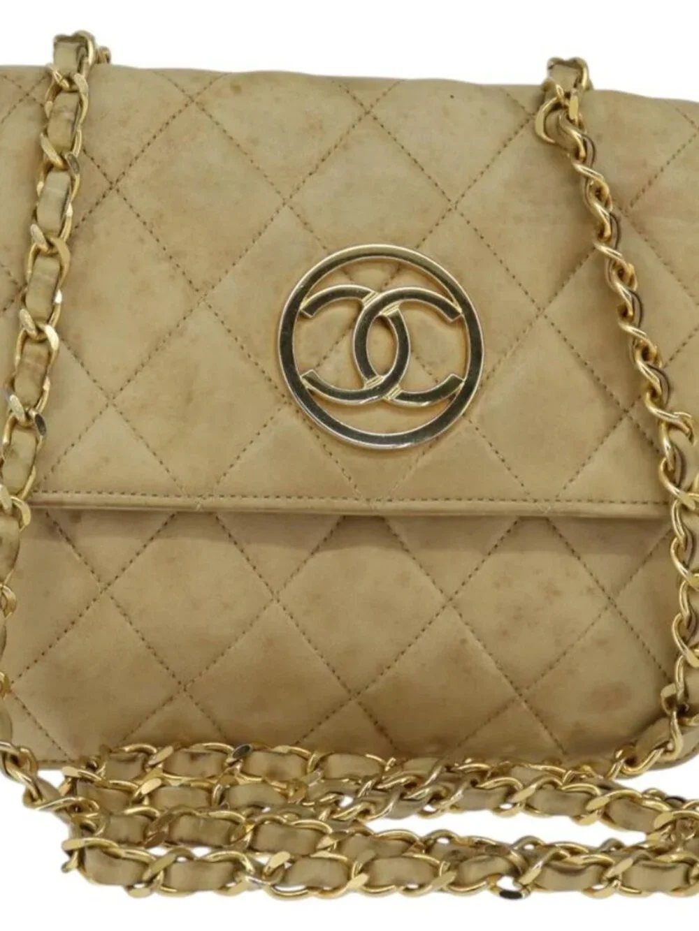 CHANEL Matelasse Chain Shoulder Bag Lamb Skin Beige Gold CC Auth 149120